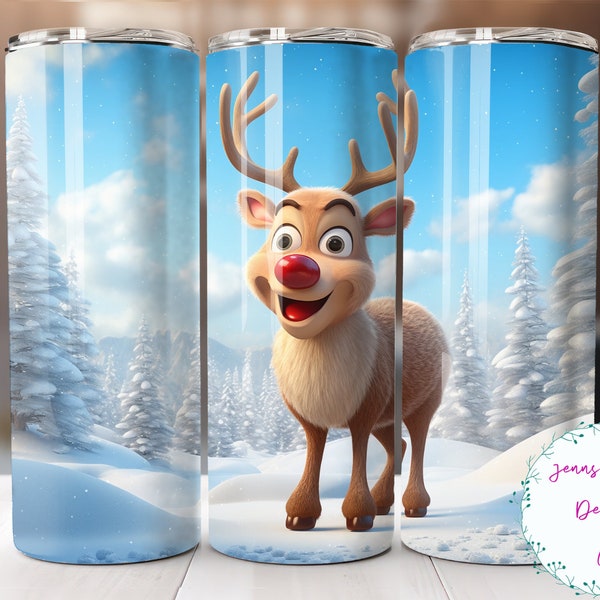 Cute Rudolph the Red Nosed Reindeer 20 oz Skinny Tumbler Sublimation Design Digital Download PNG Instant DIGITAL ONLY, Straight tumbler wrap