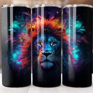 Vibrant Neon Lion 20 oz Skinny Tumbler Sublimation Design Digital Download PNG Instant DIGITAL ONLY, Straight Lion Lover tumbler wrap.