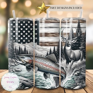 American Flag Trout Fishing Deer Camo Seamless Tumbler Wrap 20oz Skinny Tumbler Sublimation, Hunting Season Tumbler, PNG File Digital ONLY