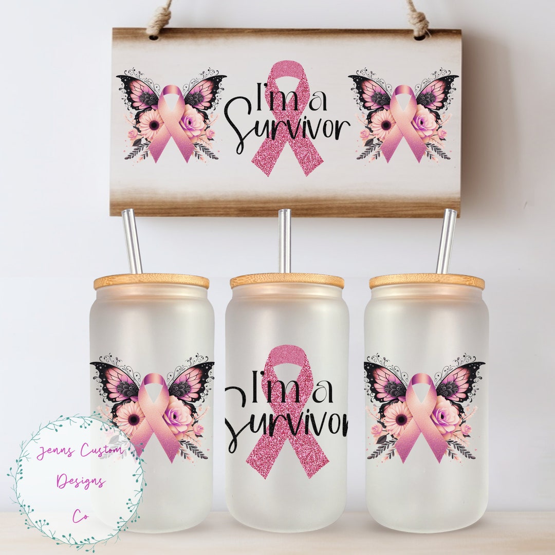 Breast Cancer Survivor, Ribbon and Butterfly 16oz Glass Can Wrap ...