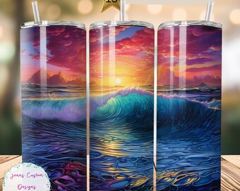 Oceaan met beukende golven, zonsondergang 20 oz magere beker sublimatie ontwerp digitale download PNG Instant ALLEEN DIGITAAL, rechte bekeromslag.