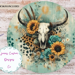 Westlicher Kuhschädel und Sonnenblumen Sublimations-runder Türhänger-Entwurf PNG, Sublimations-Design für 12-Zoll-Runde, digitaler Download NUR PNG