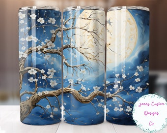 White Cherry Blossoms Under Moonlit Sky 20 oz Skinny Tumbler Sublimation Design Digital Download PNG Instant DIGITAL ONLY, Straight tumbler