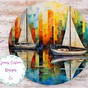 Abstraktes Stadtbild mit Segelbooten auf dem Wasser Sublimations-runder Türhänger-Design PNG, Sublimationsdesign für 12-Zoll-Runde, digitaler Download