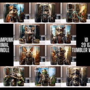 Steampunk Animal Bundle 20 oz Skinny Tumbler Sublimation Design Digital Download PNG Instant DIGITAL ONLY, Straight tumbler wrap.
