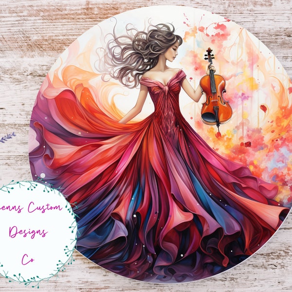 Girl with Violin, Beautiful Dress Sublimation Round Door Hanger Design PNG, Sublimation Design for 12 Inch Round, Digital Download ONLY PNG