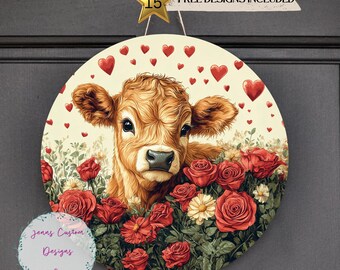 Cabide de porta redondo de sublimação de vaca, rosa e corações das Terras Altas PNG, design de sublimação para o dia dos namorados para 12 polegadas redondo digital SOMENTE