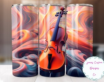 May include: A stainless steel tumbler with a colorful abstract design featuring a cello in the center. The design is reminiscent of swirling smoke or clouds. The tumbler is perfect for holding hot or cold beverages.