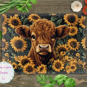Tagliere con mucca delle Highland e girasoli, da scaricare, tagliere con mucca PNG, tagliere stampabile PNG, tagliere rustico da fattoria PNG