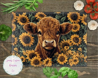 Highland Cow and Sunflowers Cutting Board Design Download, Cow Cutting Board PNG, Cutting Board Printable PNG, Rustic Farm Cutting Board PNG