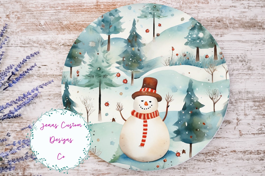 Cute Watercolor Snowman in Forest Sublimation Round Door Hanger Design ...