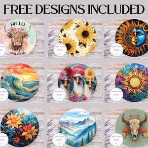 May include: Nine round sublimation designs featuring various themes, including a cow with a floral crown, sunflowers, a sun and moon, a wave, chickens wearing sunglasses, a sun with a mandala, flowers, mountains, and a skull with floral accents.