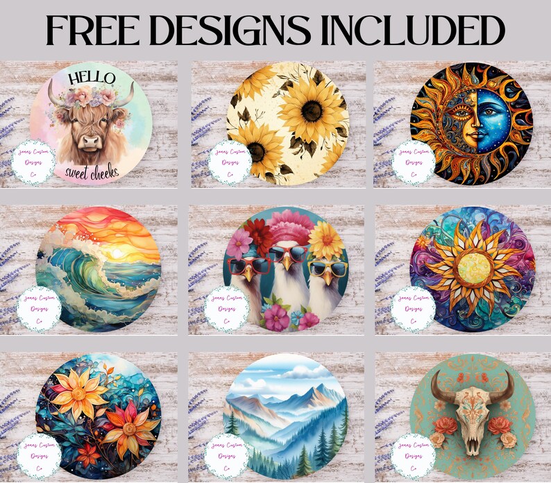 May include: Nine round sublimation designs featuring various themes, including a cow with a floral crown, sunflowers, a sun and moon, a wave, chickens wearing sunglasses, a sun with a mandala, flowers, mountains, and a skull with floral accents.