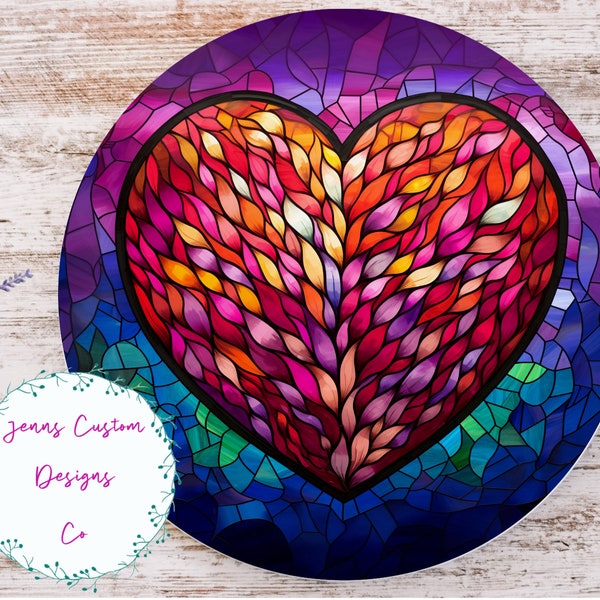 Abstract Stained Glass Valentine Heart Sublimation Round Door Hanger Design PNG, Sublimation Design for 12 Inch Round, Digital Download ONLY