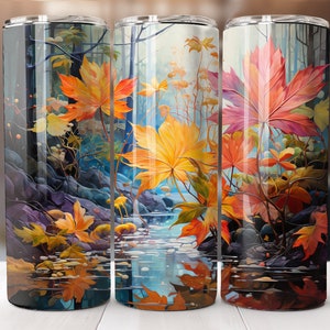 Folhas de outono caindo sobre a água 20 onças Skinny Tumbler Sublimation Design Digital Download PNG Instantâneo SOMENTE DIGITAL, envoltório de copo reto.