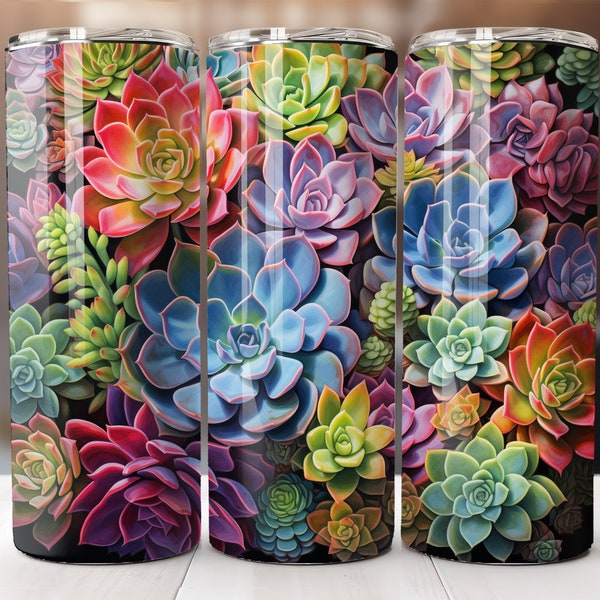 Realistic Succulents with Color 20 oz Skinny Tumbler Sublimation Design Digital Download PNG Instant DIGITAL ONLY, Straight tumbler wrap.