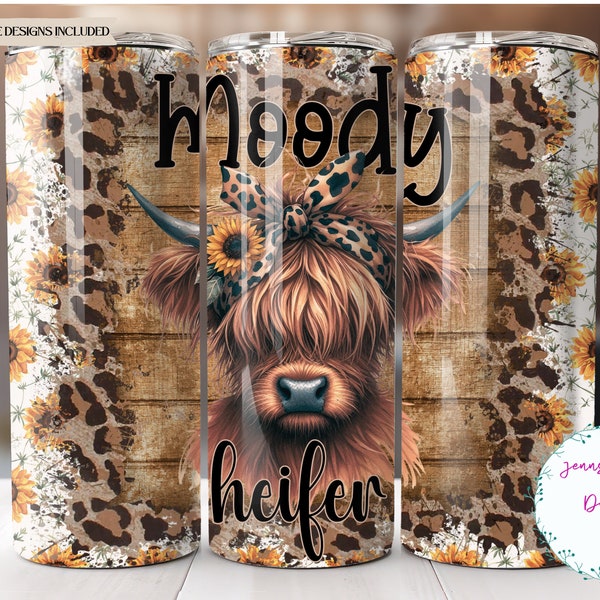 Funny Highland Cow Moody Heifer, Sunflowers 20 oz Skinny Tumbler Sublimation Design Digital Download PNG Instant DIGITAL ONLY, Tumbler Wrap