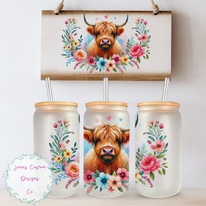 Cute Highland Cow and Flowers 16oz Glass Can Wrap - Digital Download Sublimation Design - 16oz Template, Cow jar tumbler wrap PNG Design
