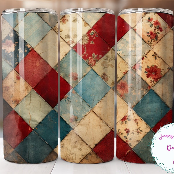 Vintage Patchwork Pattern 20oz Skinny Tumbler Sublimation Design Digital Download PNG Instant DIGITAL ONLY, Straight Quilting tumbler wrap