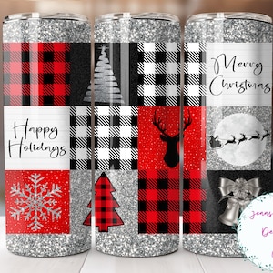 Christmas Buffalo Plaid Patchwork 20 oz Skinny Tumbler Sublimation Design Digital Download PNG Instant DIGITAL ONLY, Straight tumbler wrap.