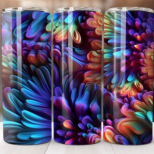 May include: Three stainless steel tumblers with a colorful abstract design featuring swirling shapes in shades of blue, purple, orange, and yellow.
