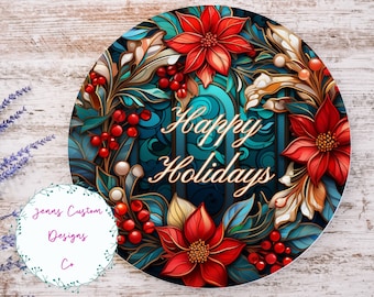 Happy Holidays, Christmas Wreath Sublimation Round Door Hanger Design PNG, Sublimation Design for 12 Inch Round, Digital Download Round PNG