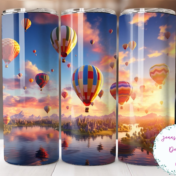Soaring Hot Air Balloons Over Water 20 oz Skinny Tumbler Sublimation Design Digital Download PNG Instant DIGITAL ONLY, Straight tumbler wrap