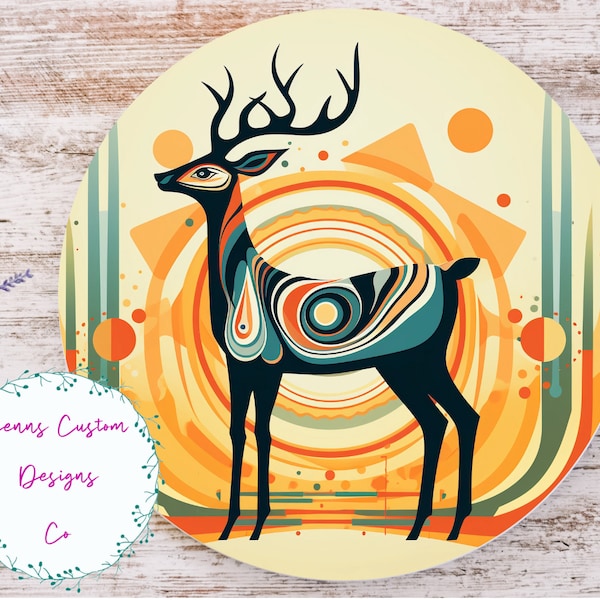 Retro Art Deer Sublimation Round Door Hanger Design PNG, Sublimation Design for 12 Inch Round, Digital Download ONLY, Round Reindeer PNG