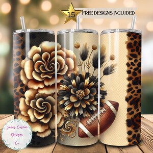 Football Season, Leopard Print and Flowers Skinny Tumbler Sublimation Design Digital Download PNG Instant DIGITAL ONLY Football Tumbler Wrap