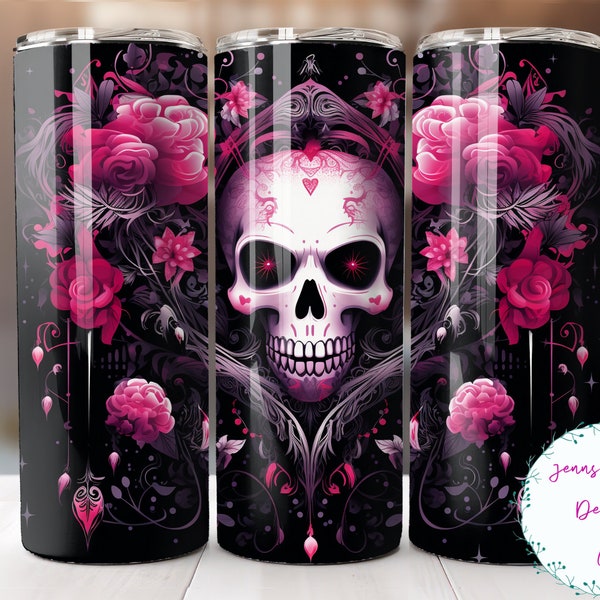 Valentine Skull with Hearts and Pink Roses 20oz Skinny Tumbler Sublimation Design Digital Download PNG Instant DIGITAL ONLY Straight tumbler