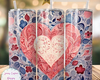 Pink Floral Valentine Hearts 20oz Skinny Tumbler Sublimation Design Digital Download PNG Instant DIGITAL ONLY, Valentine's Day Tumbler wrap