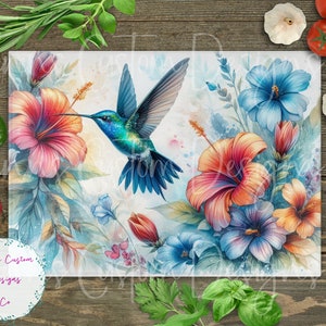 Hummingbird and Flowers, Cutting Board Design Download, Bird Cutting Board PNG, Cutting Board Printable PNG, Floral Cutting Board PNG