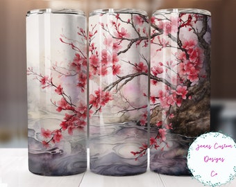 Cherry Blossoms Over Water, Sakura 20 oz Skinny Tumbler Sublimation Design Digital Download PNG Instant DIGITAL ONLY, Straight tumbler wrap.