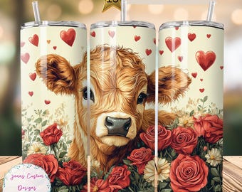 Cute Highland Cow, Roses, and Hearts 20 oz Skinny Tumbler Sublimation Design Download digital PNG Instantâneo SOMENTE DIGITAL, Tumbler Wrap