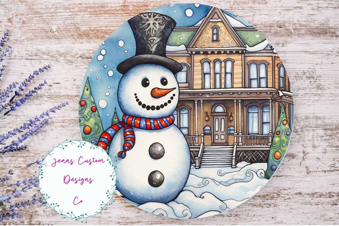 Cute Snowman, Outdoor Winter Scene Sublimation Round Door Hanger Design ...