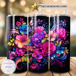 Bright Neon Flowers 20 oz Skinny Tumbler Sublimation Design Digital Download PNG Instant DIGITAL ONLY, Straight Colorful Floral tumbler wrap