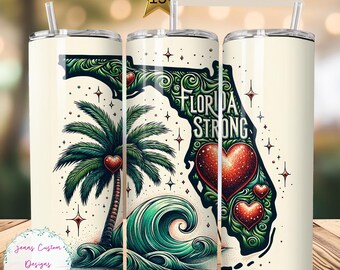 Florida Strong Hurricane, Palm Tree and Hearts Skinny Tumbler Sublimation Design Digital Download PNG Instant DIGITAL ONLY, Tumbler Wrap