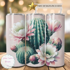 Pink and White Flowering Desert Cactus 20 oz Skinny Tumbler Sublimation Design Digital Download PNG Instant DIGITAL ONLY, Tumbler Wrap