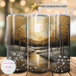 Pretty Golden Forest with White Flowers 20 oz Skinny Tumbler Sublimation Design Digital Download PNG Instant DIGITAL ONLY, Straight tumbler