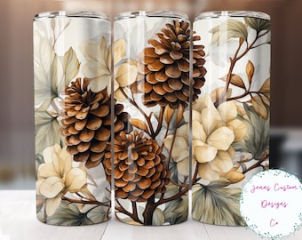 Pretty Fall Pinecones 20 oz Skinny Tumbler Sublimation Design Digital Download PNG Instant DIGITAL ONLY, Straight Autumn tumbler wrap.