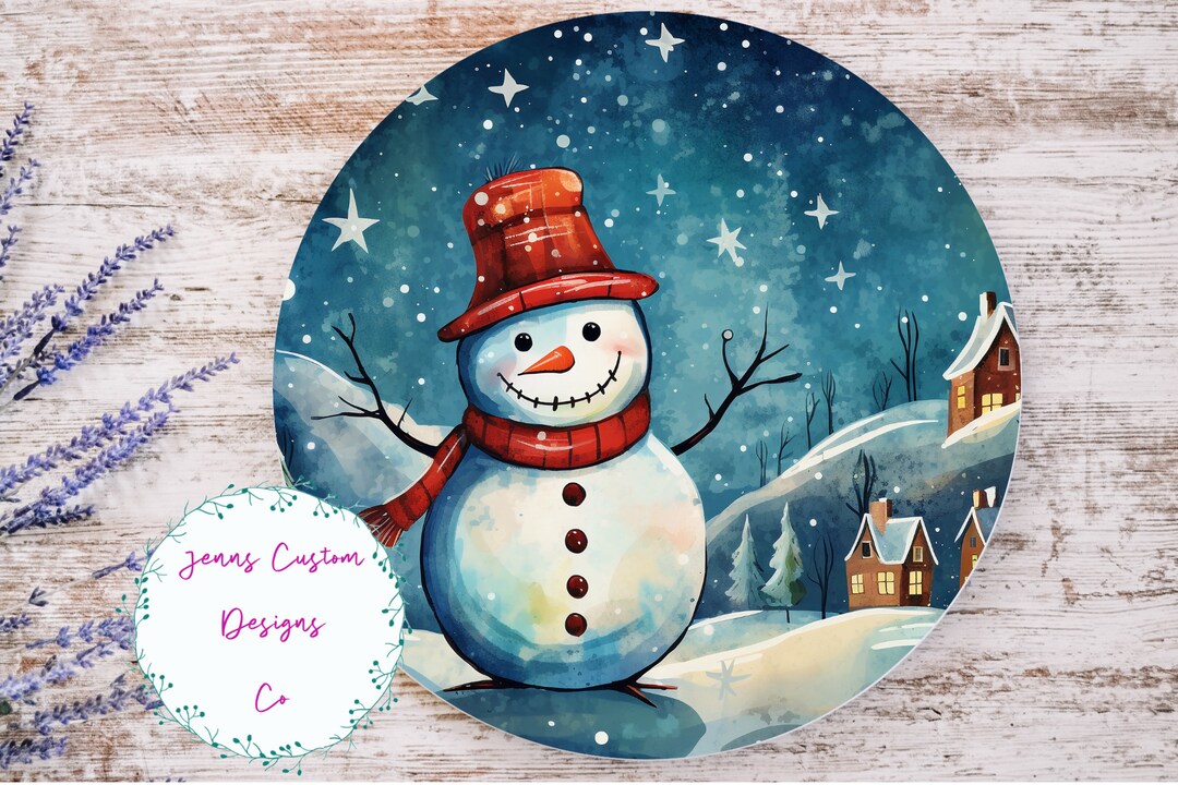 Cute Snowman, Snow Falling Sublimation Round Door Hanger Design PNG ...