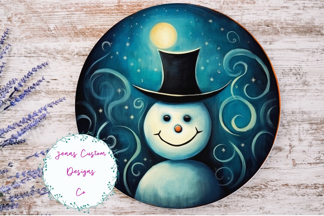 Cute Snowman Under Full Moon Sublimation Round Door Hanger Design PNG ...