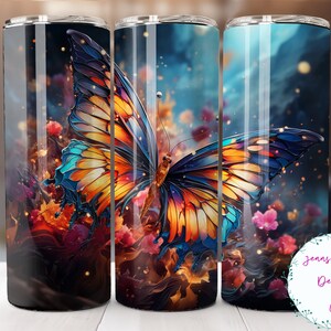 Colorful Butterfly and Flowers 20 oz Skinny Tumbler Sublimation Design Digital Download PNG Instant DIGITAL ONLY, Straight tumbler wrap.