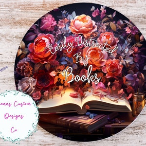 Distracted By Books Sublimation Round Door Hanger Design PNG, Sublimation Design for 12 Inch Round, Digital Download ONLY, Round Book PNG