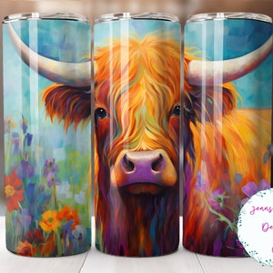 Colorful Highland Cow with Flowers 20 oz Skinny Tumbler Sublimation Design Digital Download PNG Instant DIGITAL ONLY, Straight tumbler wrap.