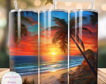 Colorful Beach Sunset Scene with Palm Tree 20oz Skinny Tumbler Sublimation Design Digital Download PNG Instant DIGITAL ONLY Straight tumbler