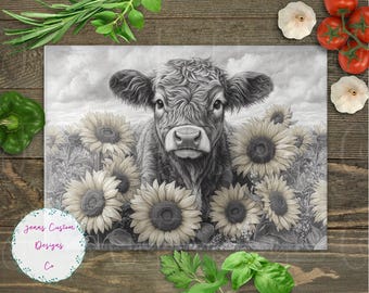 Highland Cow and Sunflowers Cutting Board Design Download, Cow Cutting Board PNG, Cutting Board Printable PNG, Rustic Farm Cutting Board PNG