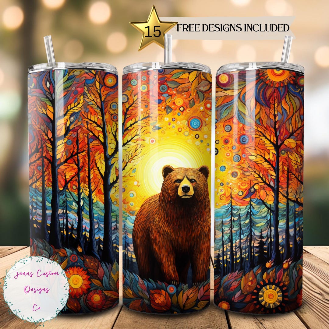 Fall Brown Bear in Vibrant Fall Forest 20 Oz Skinny Tumbler Sublimation ...