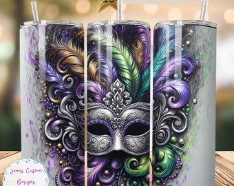 Máscara de Mardi Gras, design de sublimação de copo magro de terça-feira gorda Download digital PNG instantâneo SOMENTE DIGITAL, envoltório de copo de penas de Mardi Gras