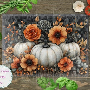 White Pumpkins and Fall Flowers Cutting Board Design Download, Bird Cutting Board PNG, Cutting Board Printable PNG, Fall Cutting Board PNG